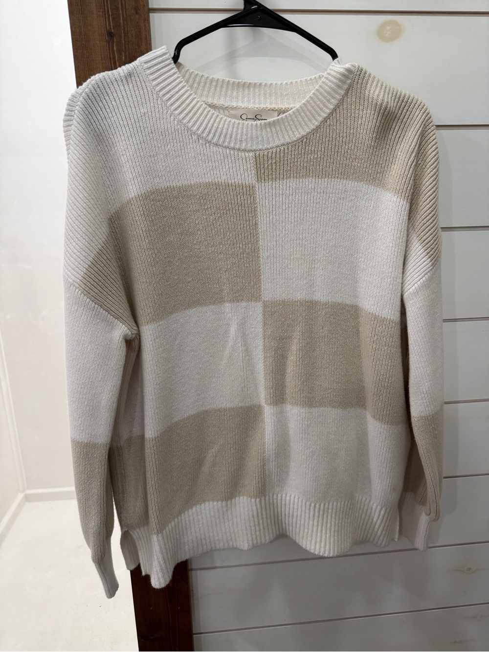 Jessica Simpson Oversized Crewneck Sweater in Cream and Tan Block Stripes